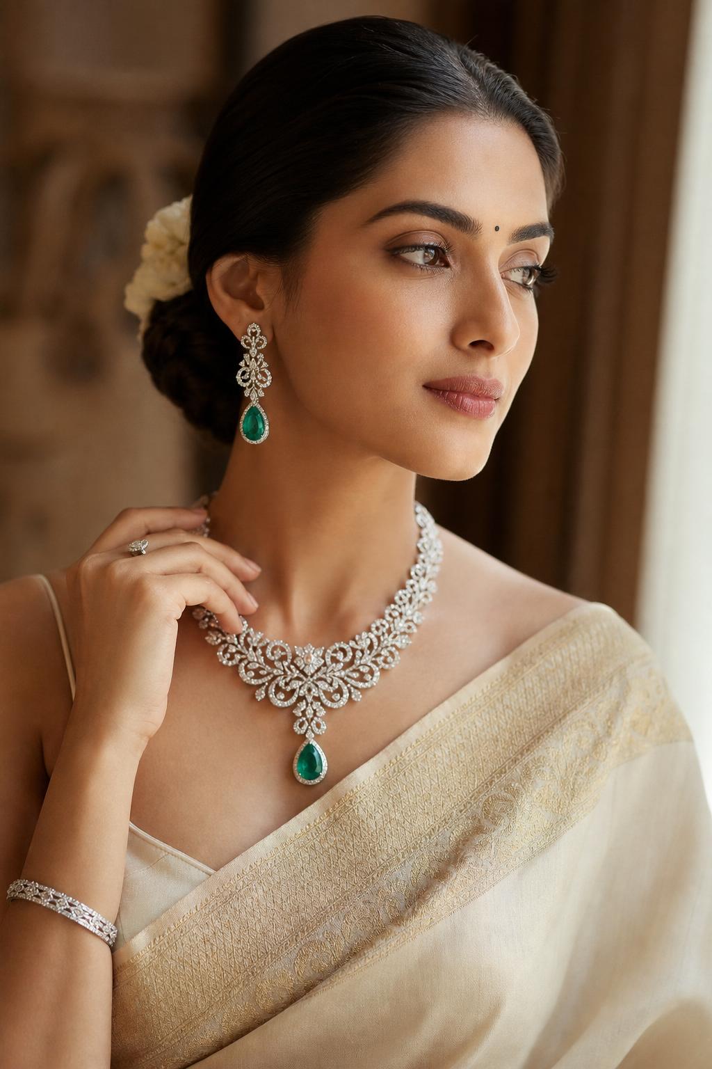 Indian model wearing a bespoke diamond and emerald jewellery set